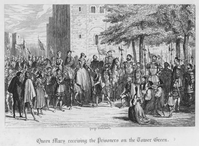 Queen Mary tar emot fångarna på Tower Green (gravyr) av George Cruikshank