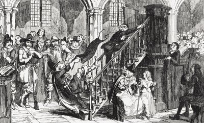 Pastor Holdenough under en gudstjänst, illustration från "Woodstock" av Sir Walter Scott (1771-1832), publicerad 1845. av George Cruikshank