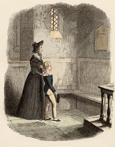 Rose Maylie och Oliver framför minnestavlan av Agnes, deras syster och mor - Rose Maylie och Oliver - Illustration för "" Oliver Twist"" (Olivier) (The Adventures of Oliver Twist) av Charles Dickens (1812-1870), av George Cruikshank (179 av George Cruikshank