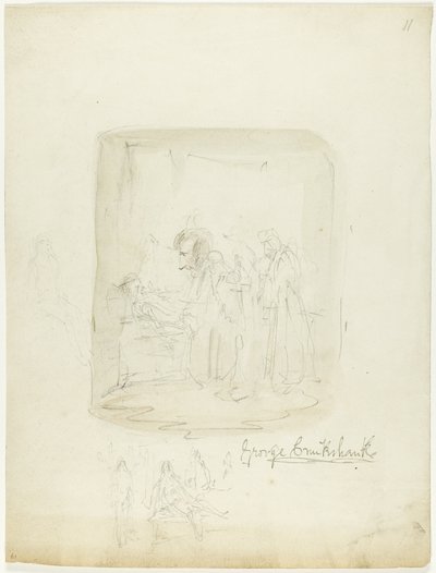 Blad med skisser med självporträtt av George Cruikshank