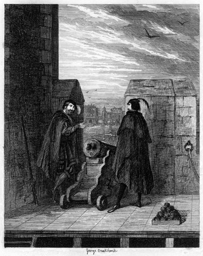 Simon Renard och Winwike, vaktmästaren på taket av Vita tornet, 1553 1840. av George Cruikshank