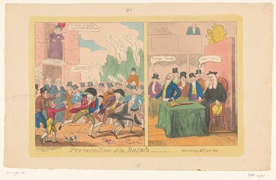Tecknad film om engelsk inrikespolitik, 1820 Förföljelse av de heliga av George Cruikshank