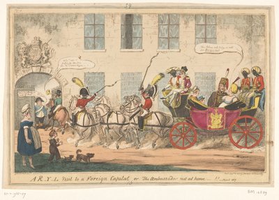 Spotprent på prinses Caroline, 1817 Ett R-Y-L besök i en utländsk huvudstad eller, ambassadören inte hemma-!! (titel på objekt) av George Cruikshank