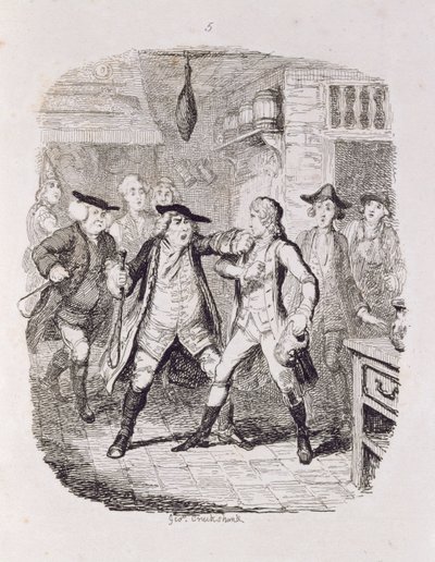 Squire Western Seizing Jones i Upton, från "Tom Jones, the History of a Foundling", graverad av konstnären, illustration från "The Works of Henry Fielding", pub. av Henry G. Bohn, 1853 av George Cruikshank