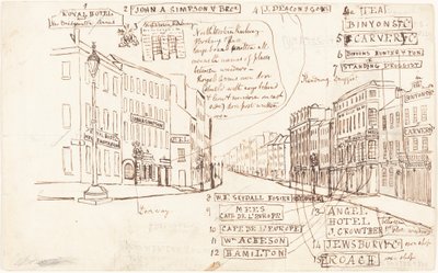 Gatuperspektiv med företagsplatser märkta av George Cruikshank