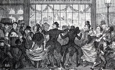 Gatubarn som orsakar kaos i folkmassan utanför en konditori- och konditoributik på Tolvtagarnatten. av George Cruikshank