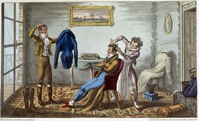 Tailleur et coiffeur à domicile - i "" Life in Paris"" av David Carey, ill. av George Cruikshank, red. Fairburn, London av George Cruikshank