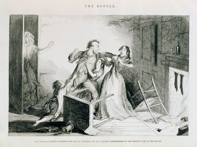 Flaskan, Tallrik VI, Rädsla gräl och brutalt våld är de naturliga konsekvenserna av frekvent användning av flaskan, 1847 av George Cruikshank