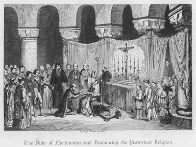 Hertigen av Northumberland som avsäger sig den protestantiska religionen (gravyr) av George Cruikshank