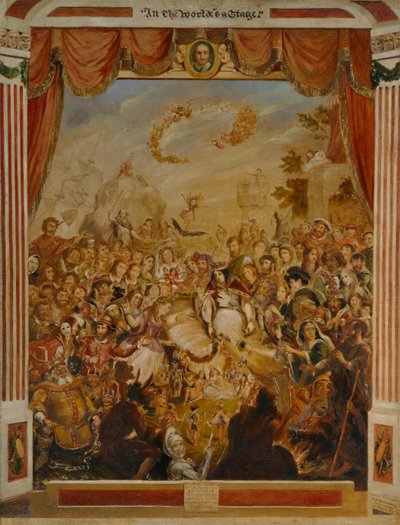 William Shakespeares (1564-1616) första framträdande på Globens scen med en del av hans Dramatiska Kompani 1564 av George Cruikshank