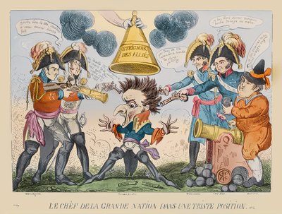 Den stora nationens huvud i en konstig situation, 1813 (handkolorerad etsning) av George Cruikshank