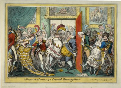 Besvären med en trång salongen, 1818 av George Cruikshank