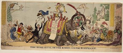 The Repetition or the Baron and the Elephant, satirtryck på Kembles utarbetade produktioner på Covent Garden Theatre med djur av George Cruikshank