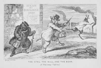 Stag, tjuren och björnen, en järnvägsfabel (gravyr) av George Cruikshank
