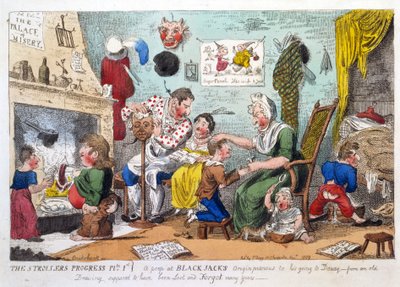 The Strollers Progress Plate 1, en titt på Black Jacks Origin Före hans Going to Douay, pub. 1809 (handfärgad etsning) av George Cruikshank