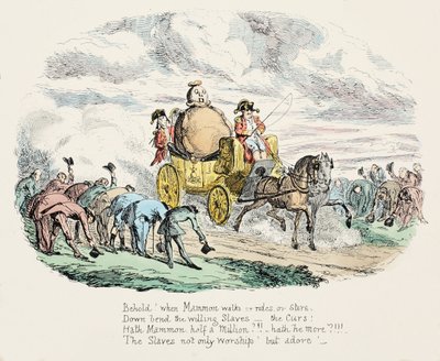 The Worship of Wealth, pub. 1834 (handfärgad gravyr) av George Cruikshank