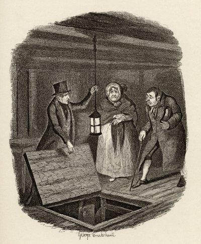 Bevisen förstörs, från "The Adventures of Oliver Twist" av Charles Dickens (1812-70) 1838, publicerad av Chapman und Hall, 1901 av George Cruikshank
