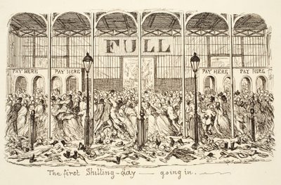 Första Shilling-dagen - Gå in, pub. 1851 (gravyr) av George Cruikshank