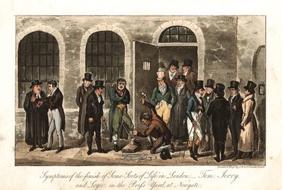 Tom, Jerry och Logic in the Press Yard, Newgate-fängelset, London, 1821 av George Cruikshank