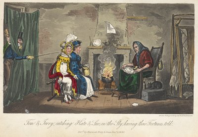 Tom & Jerry fångar Kate & Sue i smyg, med sina förmögenheter berättade, "Life in London, etc.", av Pierce Egan av George Cruikshank