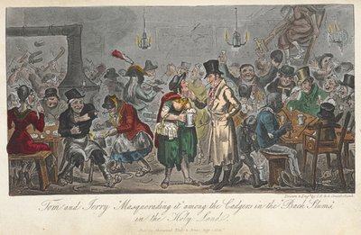 Tom och Jerry "Masquerading it" bland cadgers i "svarta slummen", i det heliga landet, "Life in London, etc.", av Pierce Egan av George Cruikshank