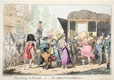 Resa i Frankrike eller Le Depart de la Diligence, pub. 1835 (handfärgad etsning) av George Cruikshank