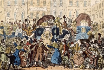 Att resa i England, eller en titt från White Horse Cellar, 1819 (handfärgad etsning) av George Cruikshank