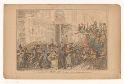 Verkehrschaos utanför hotellet Old White Horse Cellar i Piccadilly Piccadilly Nuisance! Tillägnad de värdiga, tillförordnade domarna i distriktet (titel på objekt) av George Cruikshank