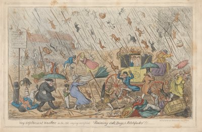 Mycket obehagligt väder, eller, det gamla ordspråket Verified "Regnande katter, hundar och högafflar."!!! av George Cruikshank