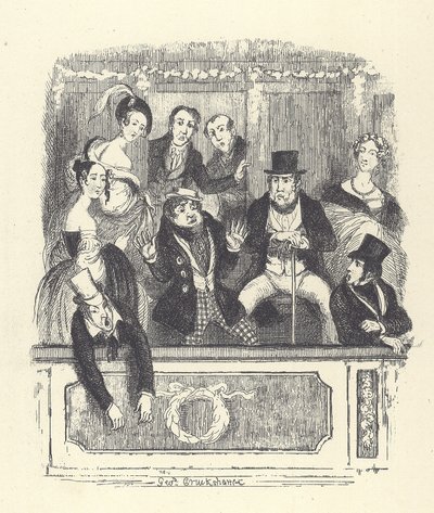 Viktorianska teaterbesökare trängs i en låda på en teater i London (gravyr) av George Cruikshank