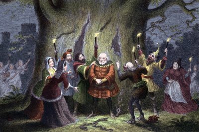 William Shakespeare The Merry Wives of Windsor, pjäs som spelades första gången 1597 eller 1600. Falstaff, efter att ha behållit sitt förmodade uppdrag med i Windsor Forest Mistress Ford som Herne the Hunter och blivit klämd och slagen av "feer" säger "Jag av George Cruikshank