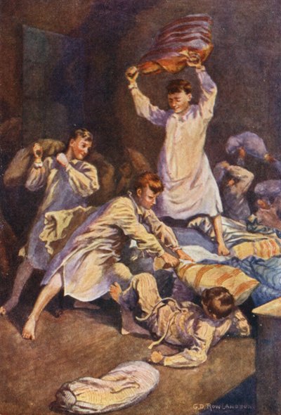 De tog av sig täckena från sina bolster och möttes i dödlig strid (färglitografi) av George Derville (after) Rowlandson