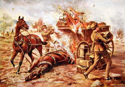 Tillförordnad-Bombardier H.A. Creasey hjälper till att lossa en brinnande ammunitionsvagn under mycket kraftig granateld av George Derville Rowlandson