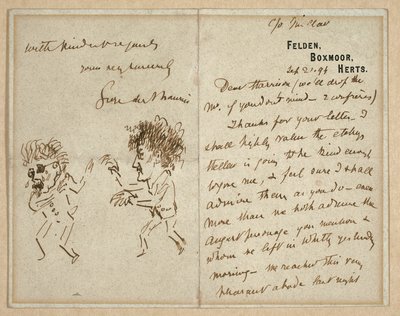 Brev med teckning av Whistler som hotar Du Maurier av George du Maurier