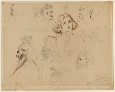 Grov skiss för några av karaktärerna i Trilby, inklusive Trilby och Svengali (penna, penna och bläck på papper) av George du Maurier