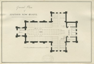 Stafford - Grundplan för Christ Church: ritning med penna och bläck, nd [c 1838] (ritning) av George E. Hamilton