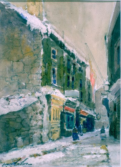 Winter, Clive Street, North Shields (kol och akvarell på papper klistrat på kort) av George Edward Horton