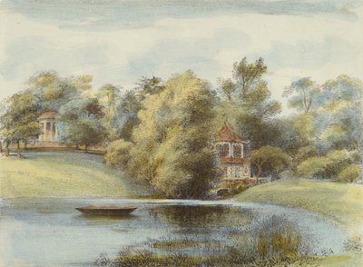 Chinese Temple and Temple of Eolus, Kew Gardens, plåt 16 från Kew Gardens: A Series of Twenty-Four Drawings on Stone, graverad av Charles Hullmandel (1789-1850) publicerad 1820 (handfärgad litho) av George Ernest after Papendiek