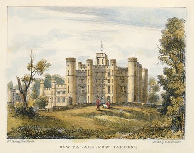 New Palace, Kew Gardens, skylt 1 från Kew Gardens: A Series of Twenty-Four Drawings on Stone, graverad av Charles Hullmandel (1789-1850) publicerad 1820 (handfärgad litho) av George Ernest after Papendiek