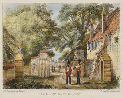 Palace Gates, Kew, skylt 3 från Kew Gardens: A Series of Twenty-Four Drawings on Stone, graverad av Charles Hullmandel (1789-1850) publicerad 1820 (handfärgad lito) av George Ernest after Papendiek