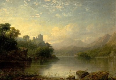 Sjöscen med ruinerade slott och berg, 1800-talet av George F. Buchanan