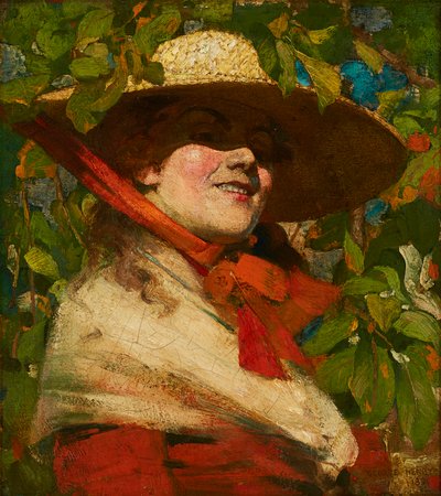 Flicka med stråhatt (olja på duk) av George F. Henry