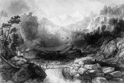 "Gå över en Sangha, nära Jumnootree", 1838. av George Francis White
