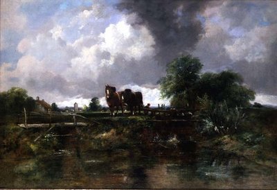 Skogbevuxen flodlandskap med hästar som arbetar med ett lås (olja på duk) av George Frederic Watts
