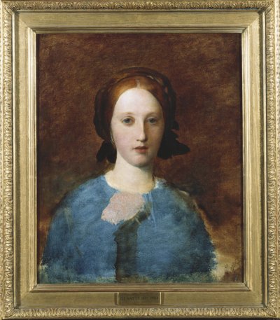 Porträtt av fru Prescott Decie, bystlängd, i en blå klänning - en skiss av George Frederick Watts