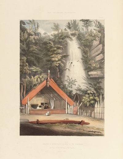 House of Hiwikau, Mother of the Heuneu, och Falls of Ko Waihi, vid Te Rapa, skylt 21 från "The New Zealanders Illustrated", 1847 av George French Angas