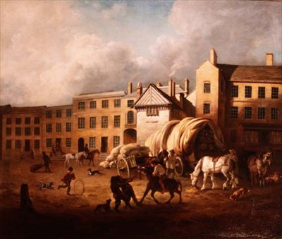 Stadsscen från 1700-talet med figurer och hästar på en gård av George Garrard