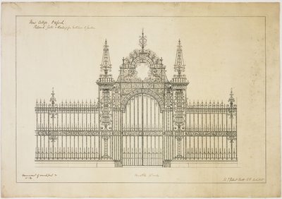 New College Oxford: Föreslagna portar och räcke för entré till trädgård av George Gilbert Scott