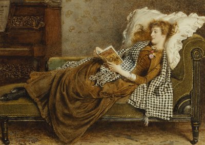 En ung dam som läser i en interiör, av George Goodwin Kilburne