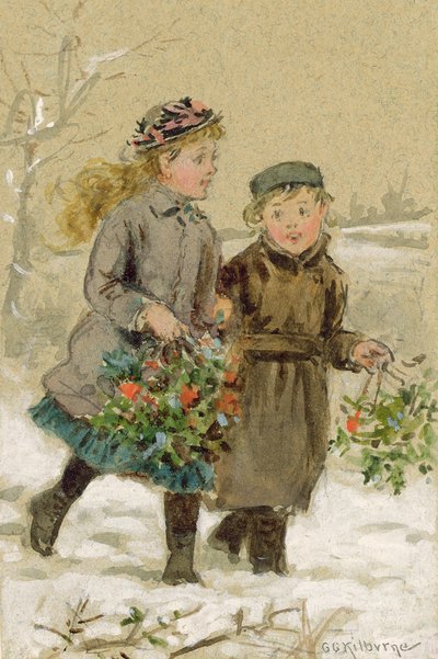 Children Playing in the Snow - Collecting Holly (wc förhöjd med vitt på papper) (se 224240 för par) av George Goodwin Kilburne